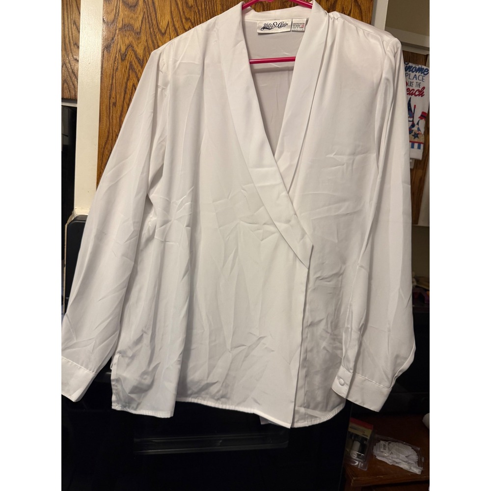 Yves St Clair Vintage White Surplice Wrap Blouse Long Sleeve V-Neck Top Size 14